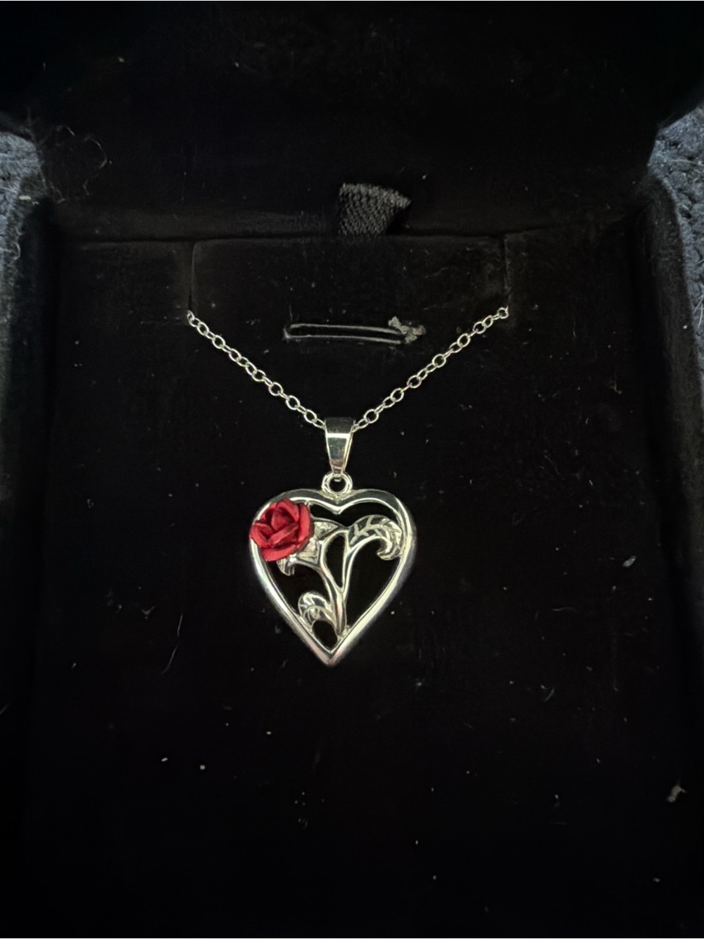 Sterling Silver Heart Pendant Necklace with Red Rose Accent - Women's Necklace